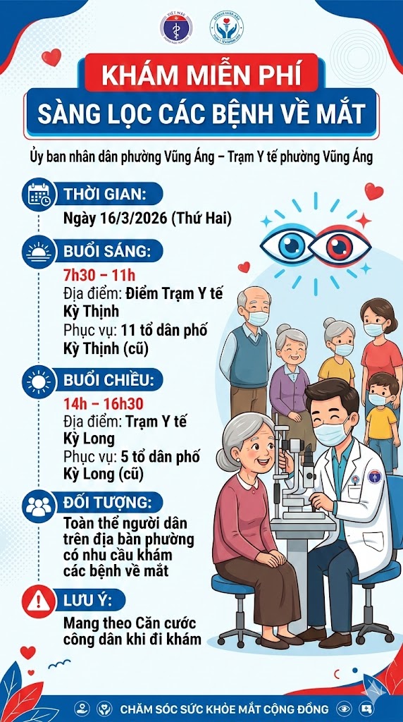 TRẠM Y TẾ PHƯỜNG VŨNG ÁNG THÔNG BÁO KHÁM MIỄN PHÍ SÀNG LỌC CÁC BỆNH VỀ MẮT NĂM 2026