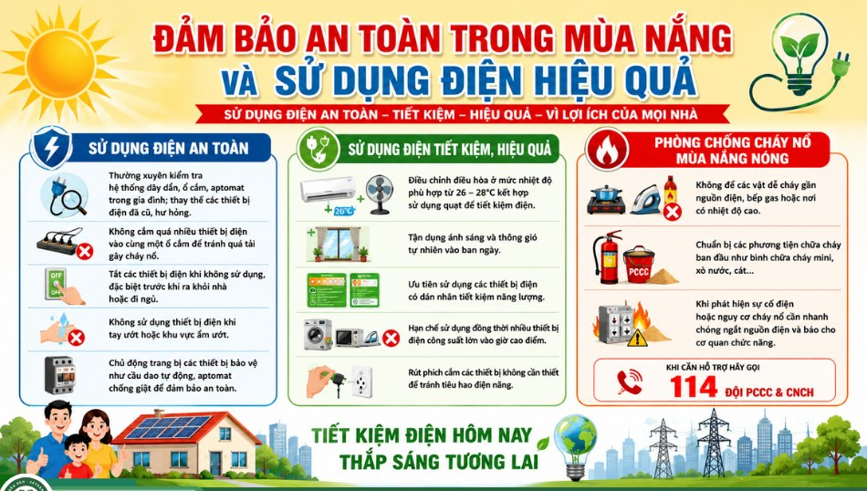 ĐẢM BẢO AN TOÀN TRONG MÙA NẮNG NÓNG VÀ SỬ DỤNG ĐIỆN HIỆU QUẢ 