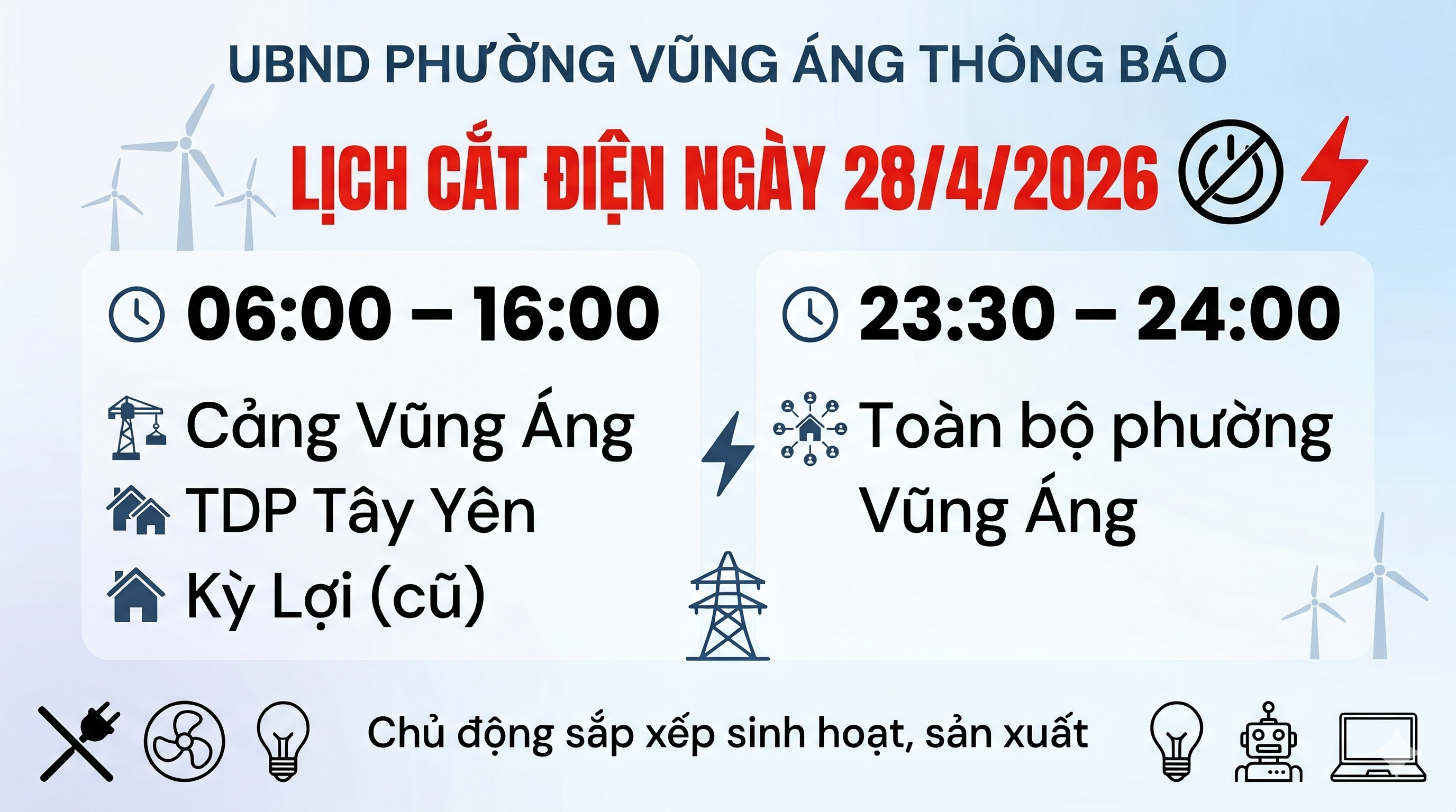 THÔNG BÁO LỊCH TẠM NGỪNG CẤP ĐIỆN TRÊN ĐỊA BÀN PHƯỜNG VŨNG ÁNG NGÀY 28/4/2026