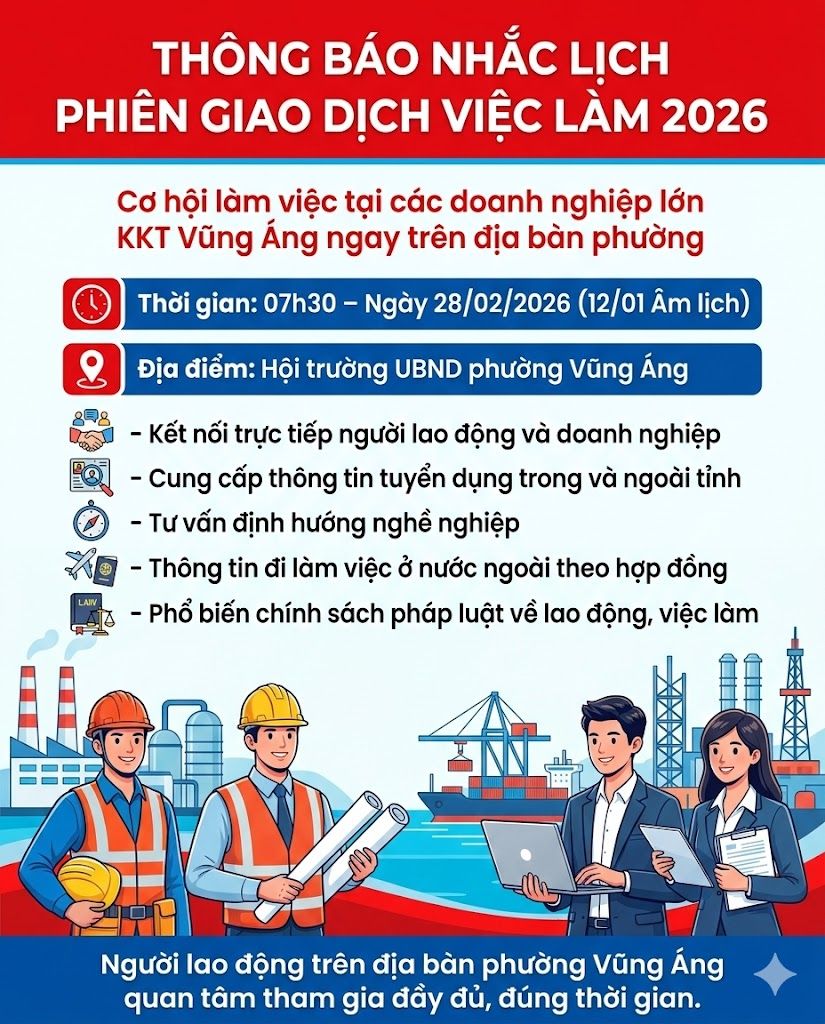 THÔNG BÁO NHẮC LỊCH PHIÊN GIAO DỊCH VIỆC LÀM – CƠ HỘI LÀM VIỆC TẠI CÁC DOANH NGHIỆP LỚN KKT VŨNG ÁNG NGAY TRÊN ĐỊA BÀN PHƯỜNG