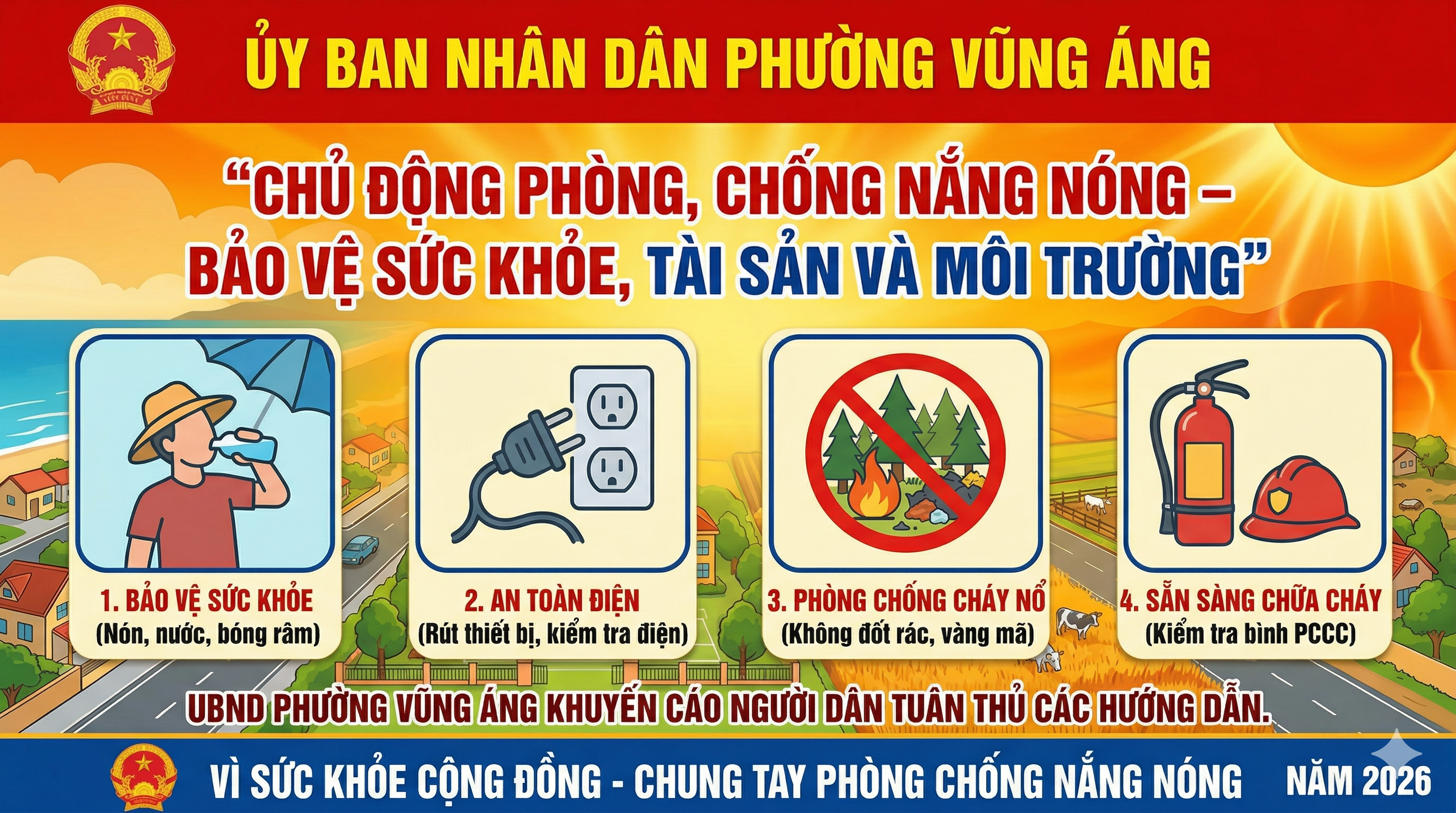 UBND phường Vũng Áng khuyến cáo người dân chủ động phòng, chống nắng nóng gay gắt kéo dài 