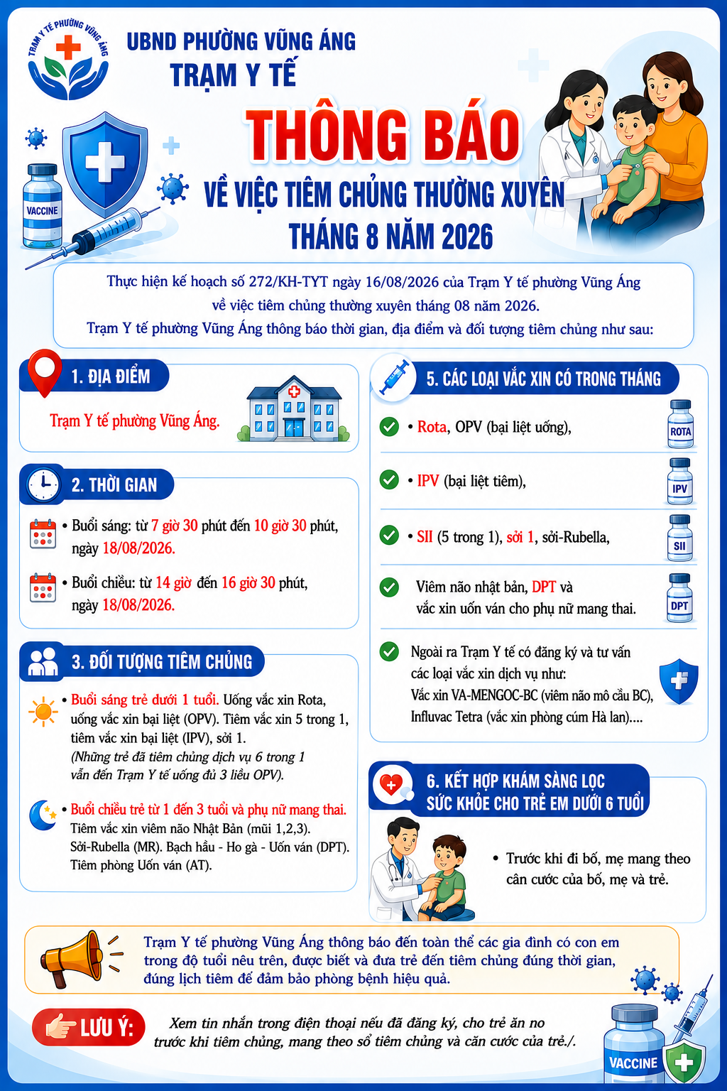  TRẠM Y TẾ PHƯỜNG VŨNG ÁNG THÔNG BÁO VỀ VIỆC TIÊM CHỦNG THƯỜNG XUYÊN THÁNG 8 NĂM 2026.  