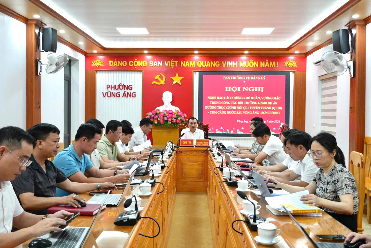 BAN THƯỜNG VỤ ĐẢNG ỦY PHƯỜNG VŨNG ÁNG TỔ CHỨC HỘI NGHỊ NGHE BÁO CÁO, THÁO GỠ KHÓ KHĂN, VƯỚNG MẮC TRONG CÔNG TÁC BỒI THƯỜNG, GIẢI PHÓNG MẶT BẰNG DỰ ÁN ĐƯỜNG TRỤC CHÍNH NỐI QUỐC LỘ 1 TUYẾN TRÁNH (QL1B) – CỤM CẢNG NƯỚC SÂU VŨNG ÁNG – SƠN DƯƠNG.