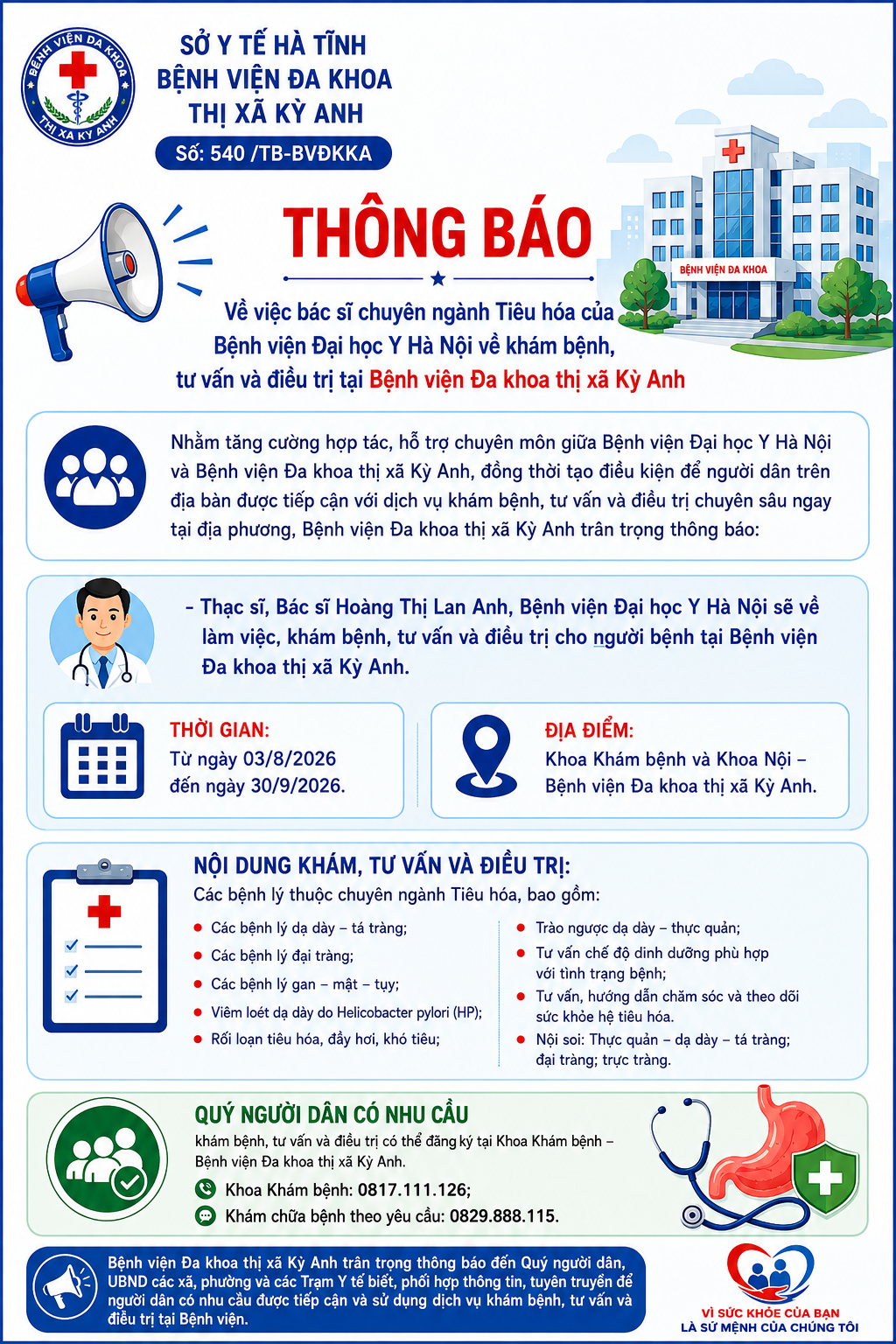 THÔNG BÁO VỀ VIỆC BÁC SỸ CHUYÊN NGÀNH TIÊU HÓA CỦA ĐẠI HỌC Y HÀ NỘI VỀ KHÁM BỆNH, TƯ VẤN VÀ ĐIỀU TRỊ TẠI BỆNH VIỆN ĐA KHOA THỊ XÃ KỲ ANH. 