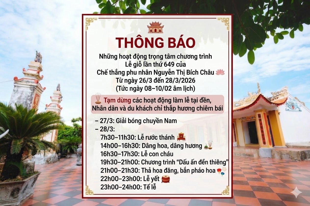 THÔNG BÁO VỀ VIỆC TẠM DỪNG CÁC NGHI THỨC LÀM LỄ TẠI ĐỀN EO BẠCH TRONG THỜI GIAN DIỄN RA LỄ GIỖ 