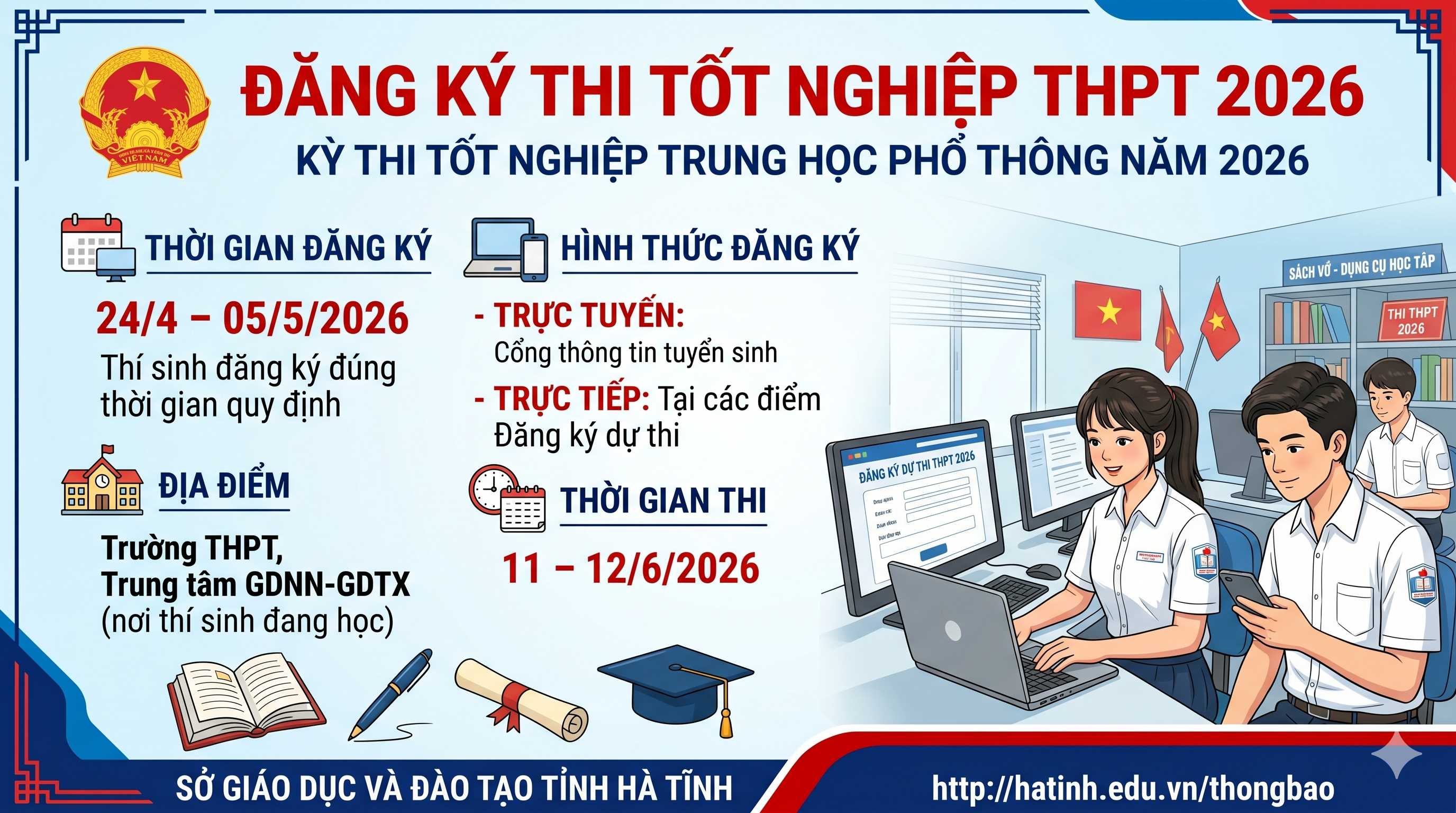 Nộp hồ sơ đăng ký dự thi, xét tốt nghiệp THPT năm 2026 ở đâu, khi nào?