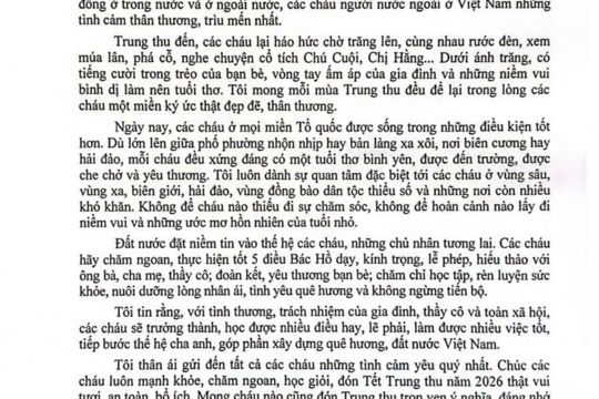 Thư của Tổng Bí thư, Chủ tịch nước Tô Lâm gửi các cháu thiếu niên, nhi đồng nhân dịp tết Trung thu năm 2026. 