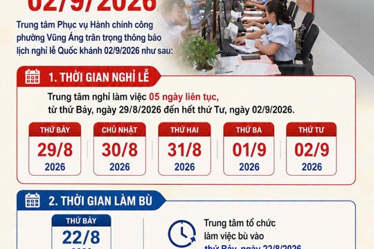  Trung tâm phục vụ hành chính công phường Vũng Áng thông báo lịch nghĩ lễ Quốc Khánh 2/9/2026 