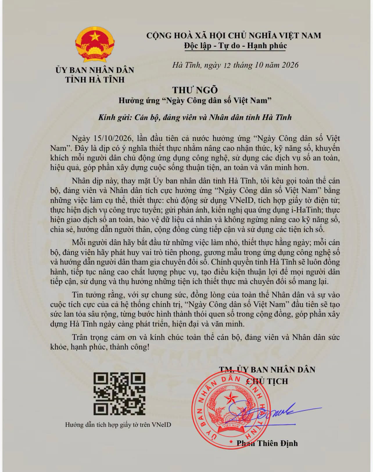 UBND tỉnh Hà Tĩnh hưởng ứng ngày công dân số Việt Nam