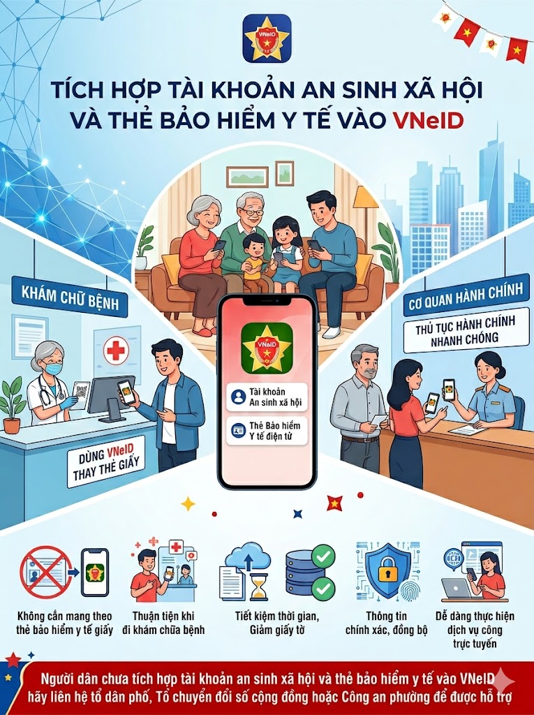 LỢI ÍCH KHI TÍCH HỢP TÀI KHOẢN AN SINH XÃ HỘI - THẺ BHYT VÀO ỨNG DỤNG VNEID